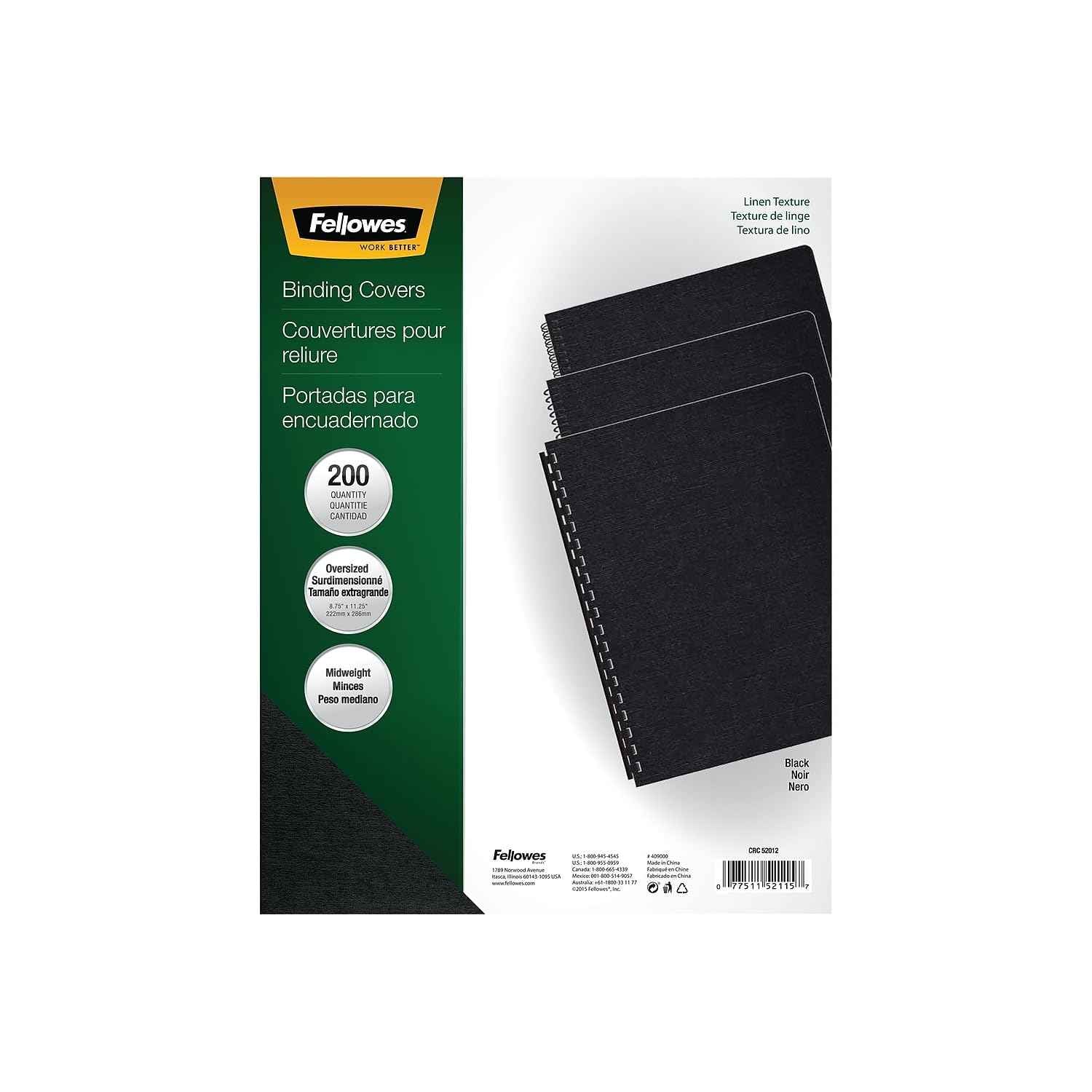 Fellowes Linen Texture Presentation Covers, 8 3/4 Inch X 11 1/4 Inch, 200 Per Pack, Black (52115)