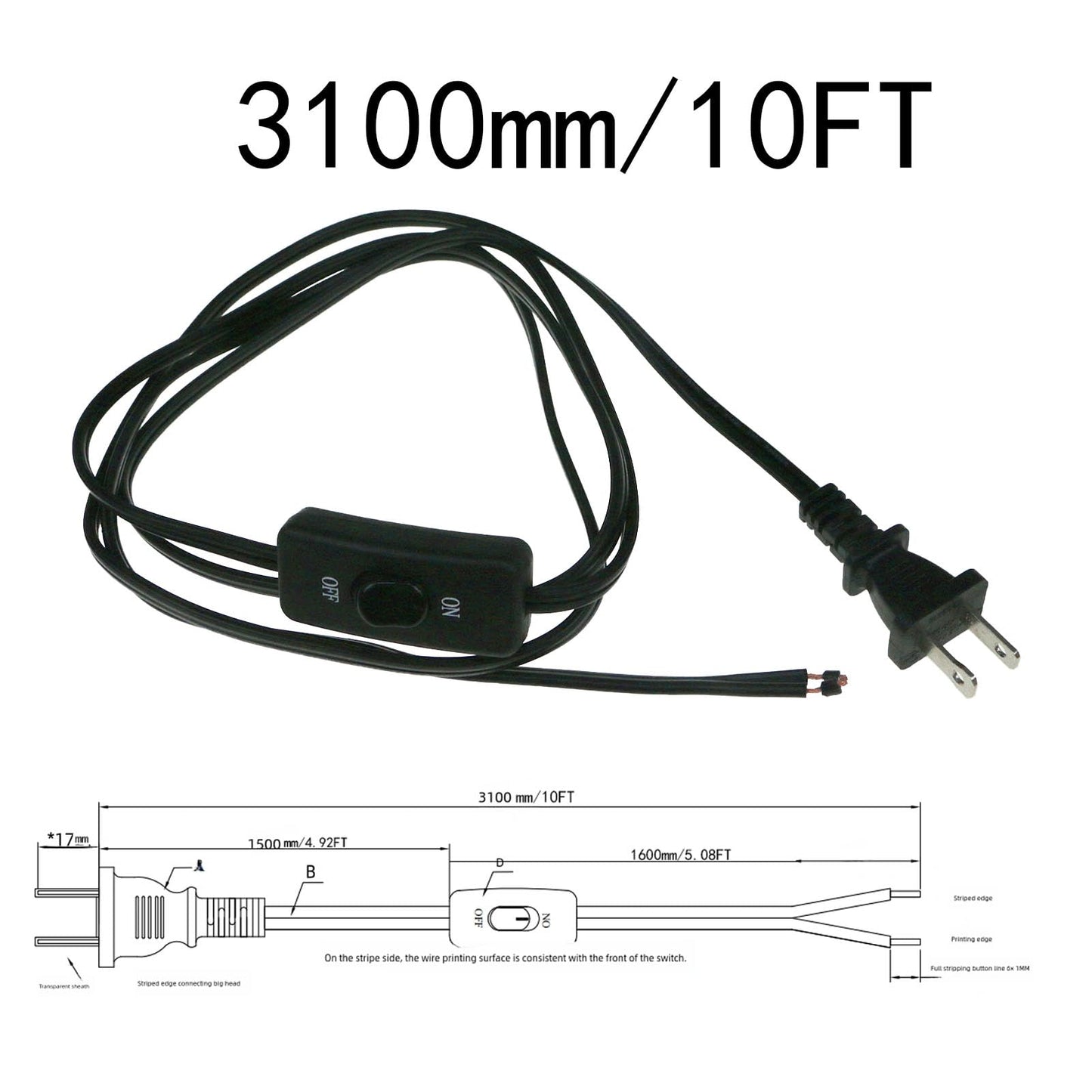 10 Feet Lamp Cord with Switch On Off, 18AWG 2 Prong Power Cord with 3A Switch,Pure Copper Wiring Tail Stripped (10FT1pcs)