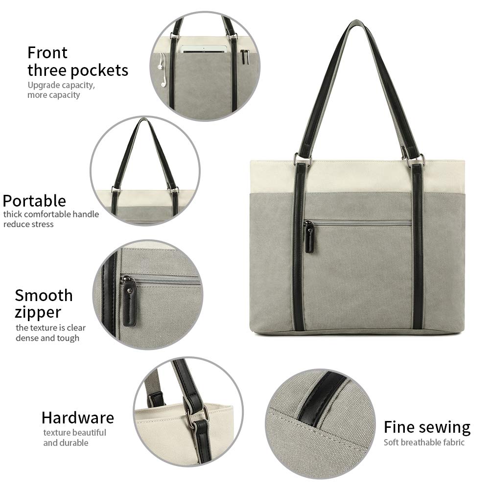 Laptop Tote Bag for Women, 15.6 Inch Work Bag with Laptop Compartment and Zipper, Canvas Computer Tote for Teacher, Office, Travel, Business, Carry On Personal Item Bag