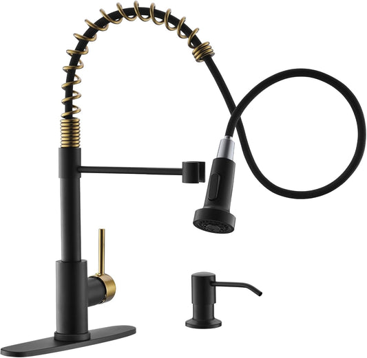 Matte Black Kitchen Faucet with Soap Dispenser - Commercial Single Handle Pull Down Sprayer