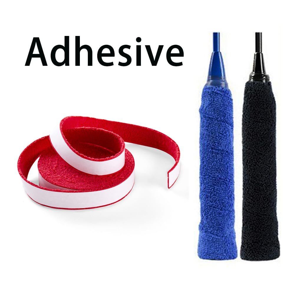 Towel Grip Badminton Racket Grips Cotton Anti Slip Absorbent Sweatband Tape with Adhesive Backing for Badminton,Pickleball,Paddle Racket Assorted Colours (2) One Black & One Blue