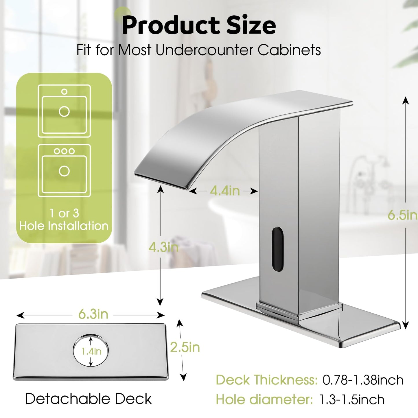 Automatic Motion Sensor Faucet with Waterfall Spout,Stainless Steel Sink Faucet with Hole Cover Plate (Regular, Chrome)