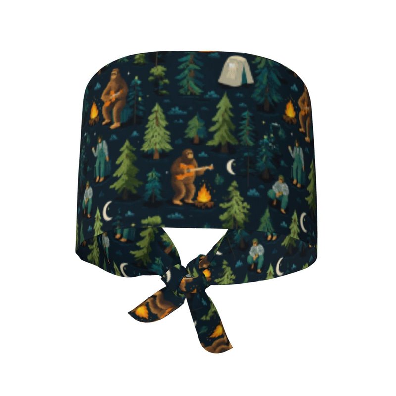 Sasquatch Camp Bonfire Working Cap Scrub Cap with Sweatband Adjustable Unisex Men Women Tie Back Hat Nurse Surgical Caps