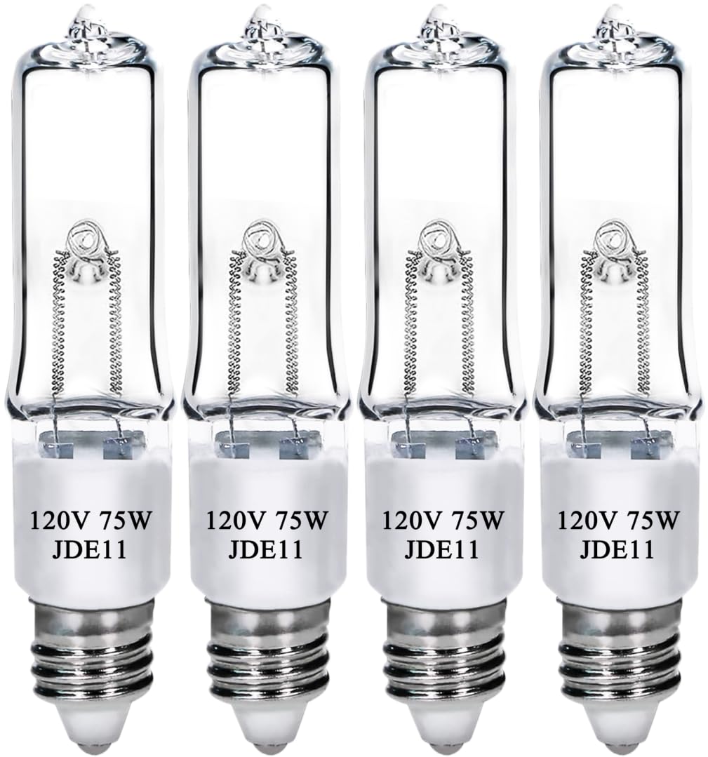 Lachesan JDE11 120V 75W T4 Mini Candelabra Base（Replacement E11 Led Bulb） 2700K Clear Dimmable JD E11 Halogen Light Bulbs for Chandeliers, Ceiling Fan, Table Lamps, Cabinet Lighting, 4 Pack