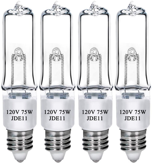 Lachesan JDE11 120V 75W T4 Mini Candelabra Base（Replacement E11 Led Bulb） 2700K Clear Dimmable JD E11 Halogen Light Bulbs for Chandeliers, Ceiling Fan, Table Lamps, Cabinet Lighting, 4 Pack