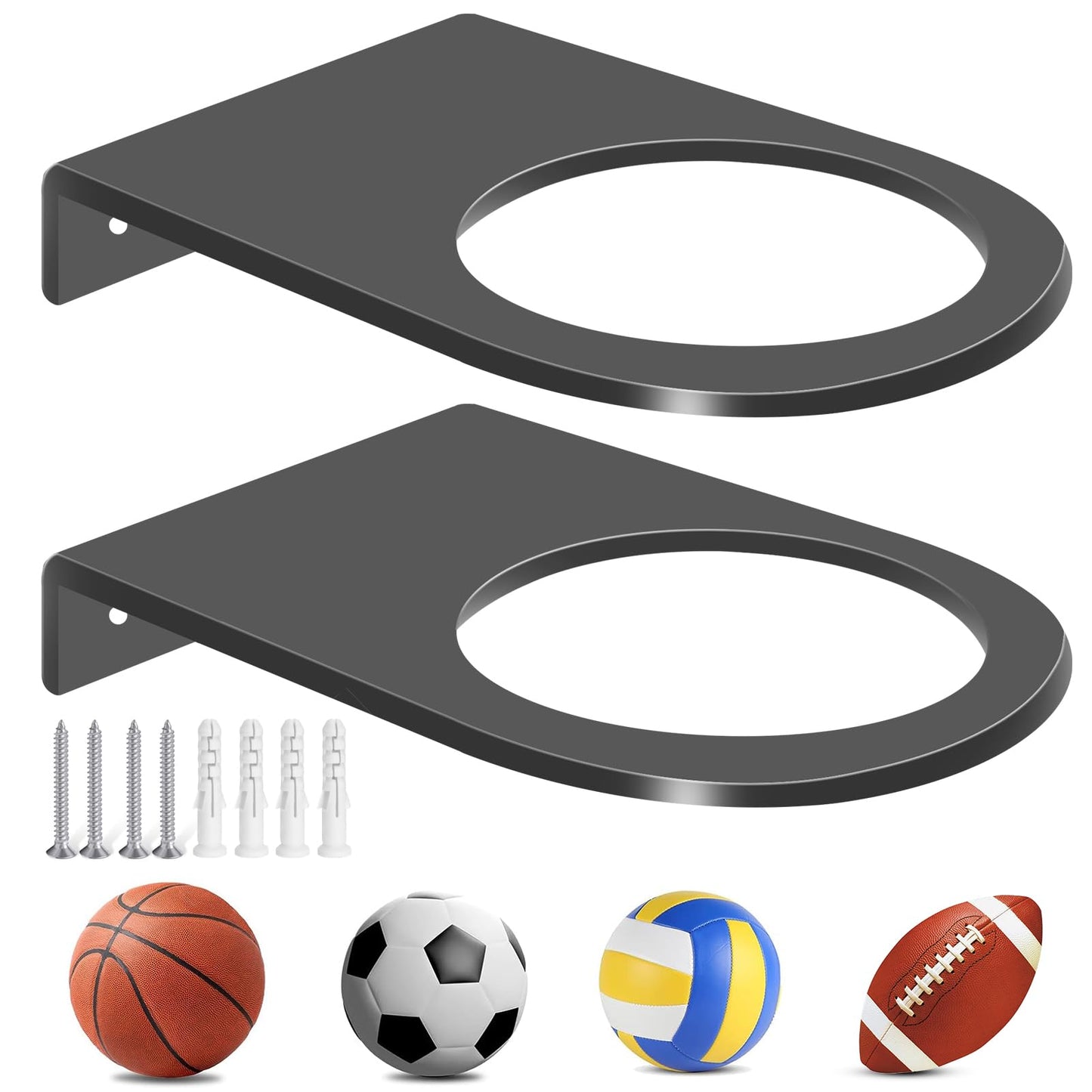 Basketball Wall Mount 2-Pack, Black Acrylic Ball Holder for Sports Balls