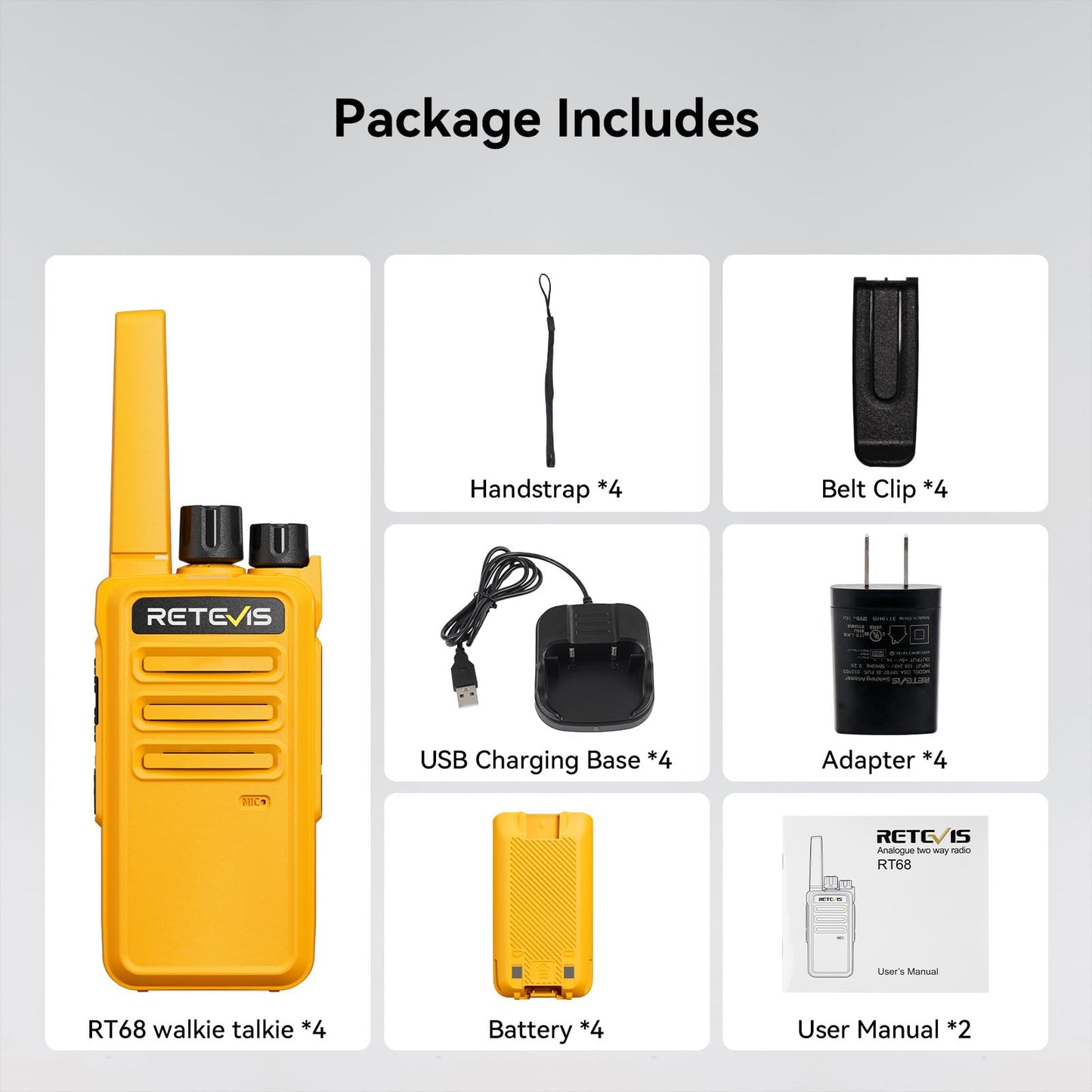 Retevis RT68 Walkie Talkies Rechargeable, Rugged Radios Walkie Talkie Long Range for Adults, Portable FRS 2 Way Radios, VOX Handsfree, 1200mAh Battery USB Charging for Outdoor Hiking Cycling (4 Pack)