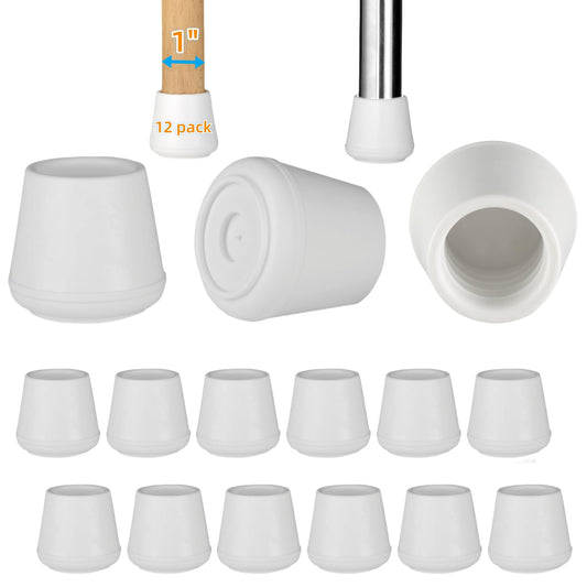 1" Chair Leg Tips Caps, Non-Slip Rubber Leg Tips, Stool Leg Protectors Cap, Folding Metal Chair Leg Tip Replacement, Chair Leg Floor Protectors Round White, 12 Pack