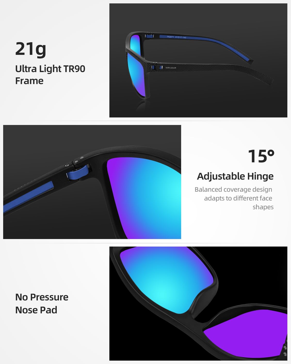 Nirvjour Polarized Sunglasses for Men Lightweight TR90 Frame UV Protection Sun Glasses for Driving Fishing Golf