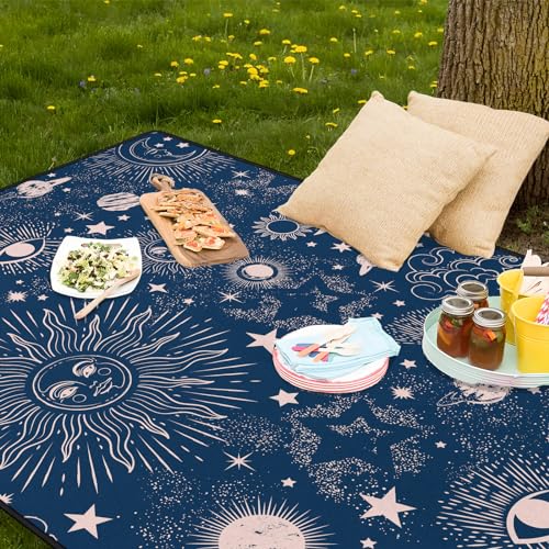 Awufncksn 6'8 x 6'8 Waterproof Picnic Blanket Beach Mat Sun & Moon Blue