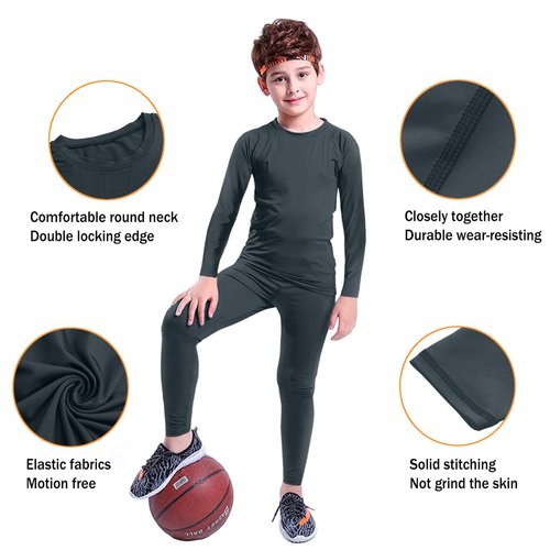 HovSiyla Youth Boys' Compression Leggings Athletic Shirt Tights Top Base Layer Set Sports Youth for Kids Grey M