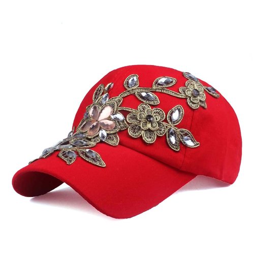 Gudessly Bling Women Baseball Cap Flower Snapback Rhinestone Sun Hats Adjustable Denim Jeans Hat (CQ-Bright red)