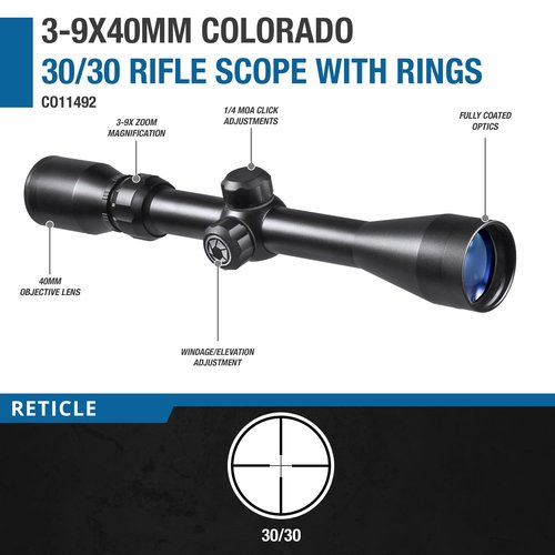 Barska Colorado 3-9x40 Rifle Scope Combo – Hunting and Target Shooting Scope with 30/30 Crosshair Reticle, Mounting Rings Included