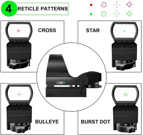 AUKEPATE Reflex Sight - 4 Reticles Red Dot Sight with 20mm Picatinny Rail Mount,Rechargeable Design with 40mm Lens
