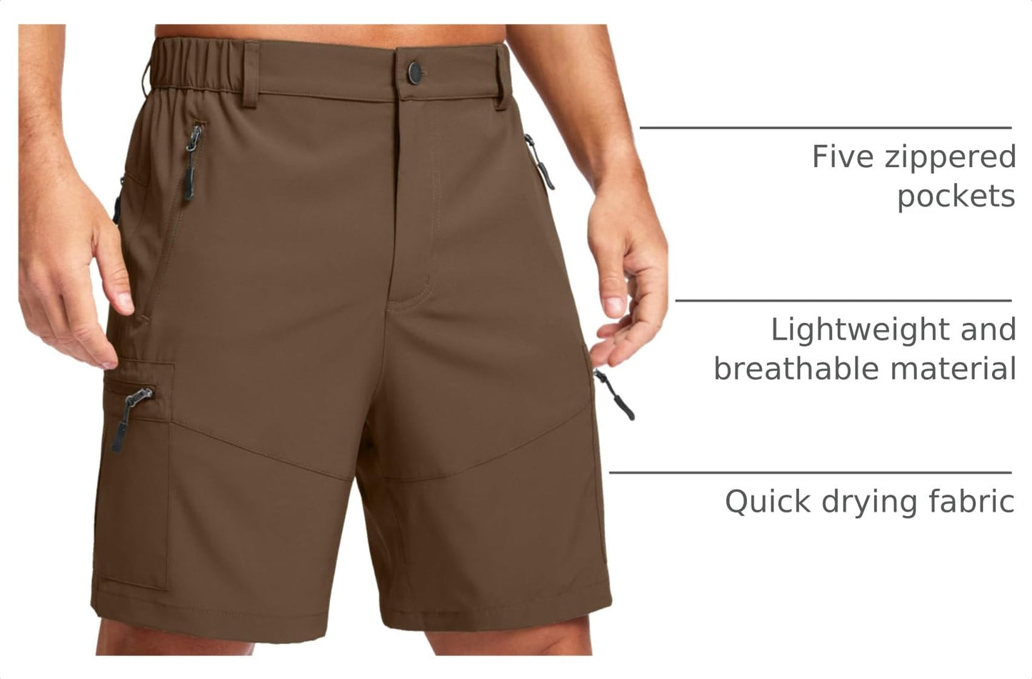Pudolla Men's Hiking Cargo Shorts Lightweight 7" Travel Casual Shorts for Men Golf Work Outdoor with 5 Zipper Pockets(Brown Medium)