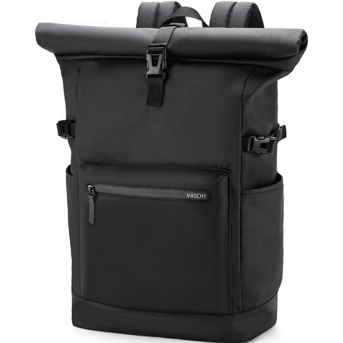 VASCHY Rolltop Travel Backpack for Men, Water Resistant Expandable Large Carry-on Casual Daypack for Work Business Hiking College Black