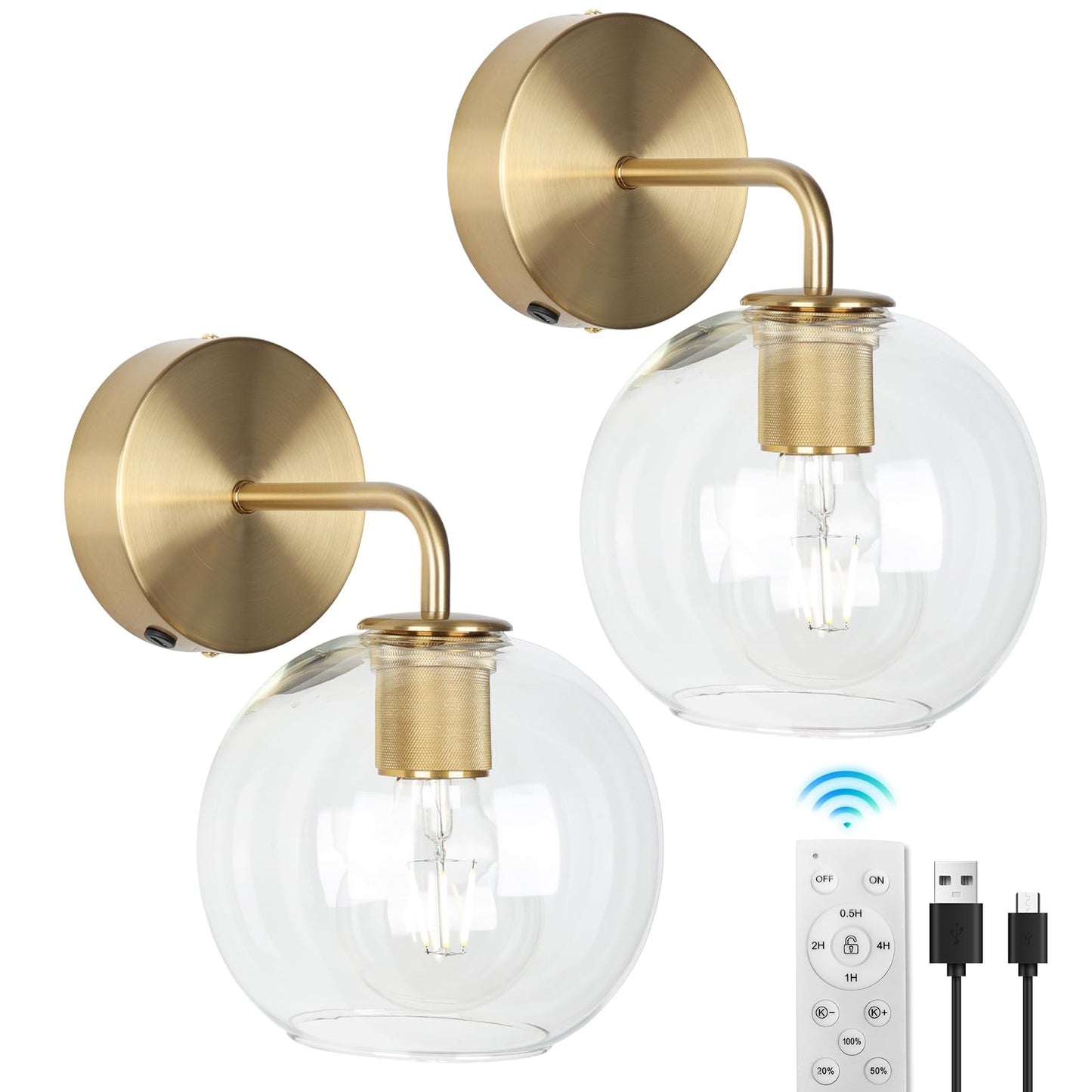 EIDEARAY Gold Vanity Wall Sconces Set of 2, Battery Operated Wall Sconces with Remote, Vintage Gold Wall Lamp with Clear Glass Shade, Industrial Metal Wall Mount Light for Bedroom, Hallway etc