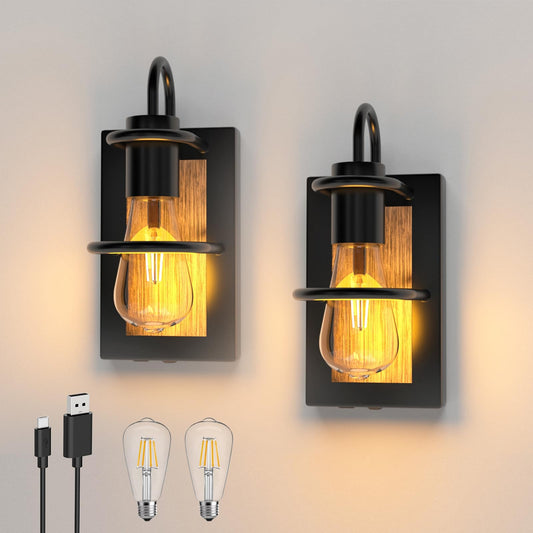 ThyFenno Vintage Battery Operated Wall Lights with Faux-Wood Finish, Dimmable Wall Lamp No Wiring Easy to Install, Cordless Rechargeable Wall Sconce for Farmhouse Living Room Bedroom Hallway