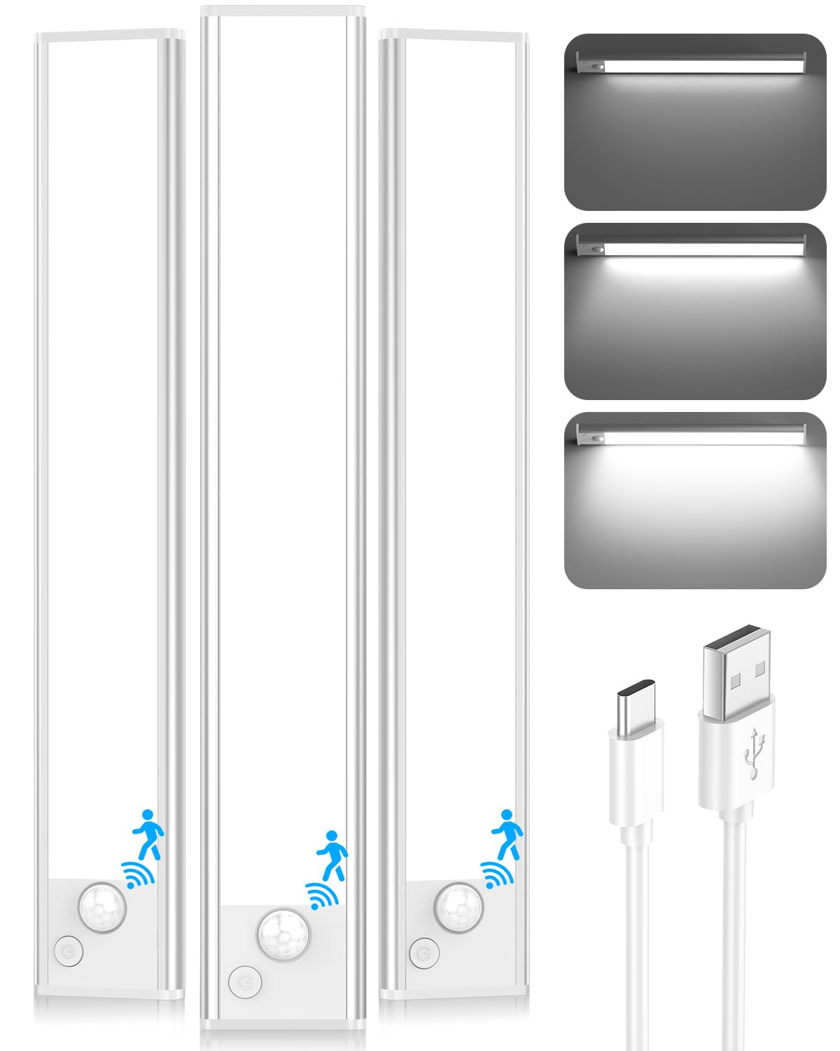 Under Cabinet Lighting, 10 Inch LED Battery Operated Rechargeable Motion Sensor Lights Indoor, 2200mAh Magnetic Wireless Closet Light, 6500K Dimmable Under Counter Lights for Kitchen, Stair, 3 Packs