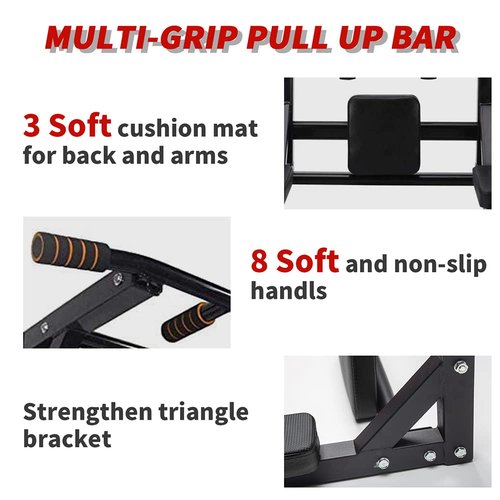 ptlsy Wall Mounted Pull Up Bar Multifunctional Chin Up Bar Dip Station for Home Gym Indoor Workout, Fitness Equipment, Dip Stand Supports to 440 Lbs