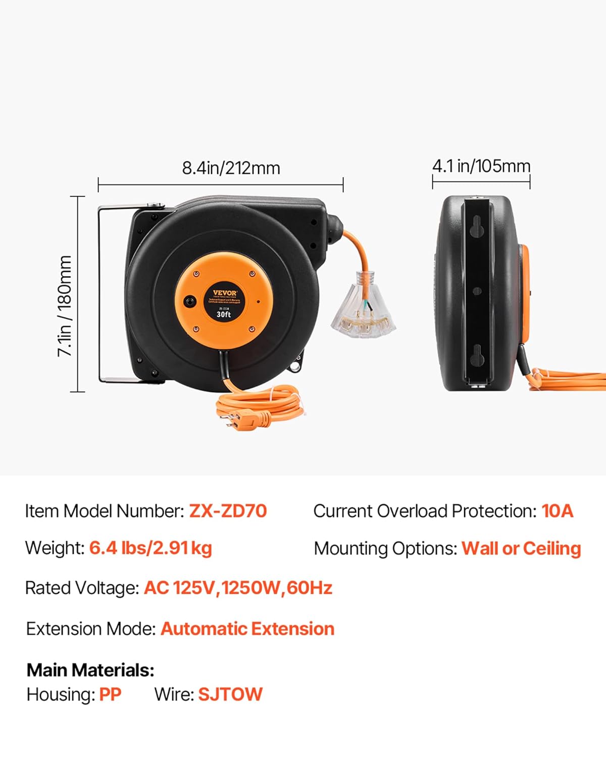 30 FT Retractable Extension Cord Reel - Heavy Duty 16AWG with Lighted Triple Tap Outlet & Circuit Breaker for Garage/Shop