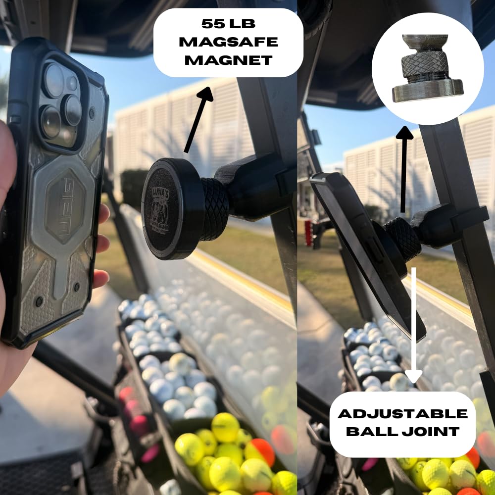 Luna's V2.5 Phone Holder Magnetic Golf Cart Mount, 110lb-Rated Magnetic Mount to Steel Bar on Golf Carts, Ball Joint Neck, GPS View Compatible, Anti-Rattle Designed for Phone Safety