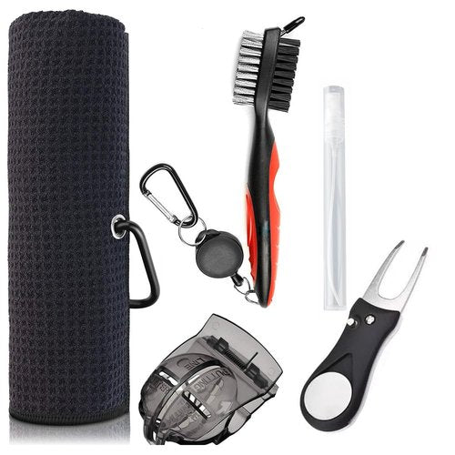 Gzingen Golf Towel and Golf Club Brush, Microfiber Waffle Pattern Cleaning Towel and Retractable Club Groove Cleaner Brush, Divot Repair Tool, 5-in-1 Golf Accessories Set