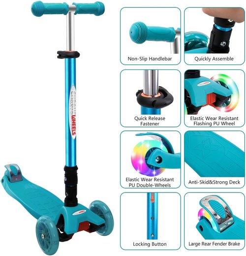 ChromeWheels Foldable Scooter - Deluxe Kick Scooter with Adjustable Height & LED Light-Up Wheels | For Kids Ages 3-12, 132lbs Limit