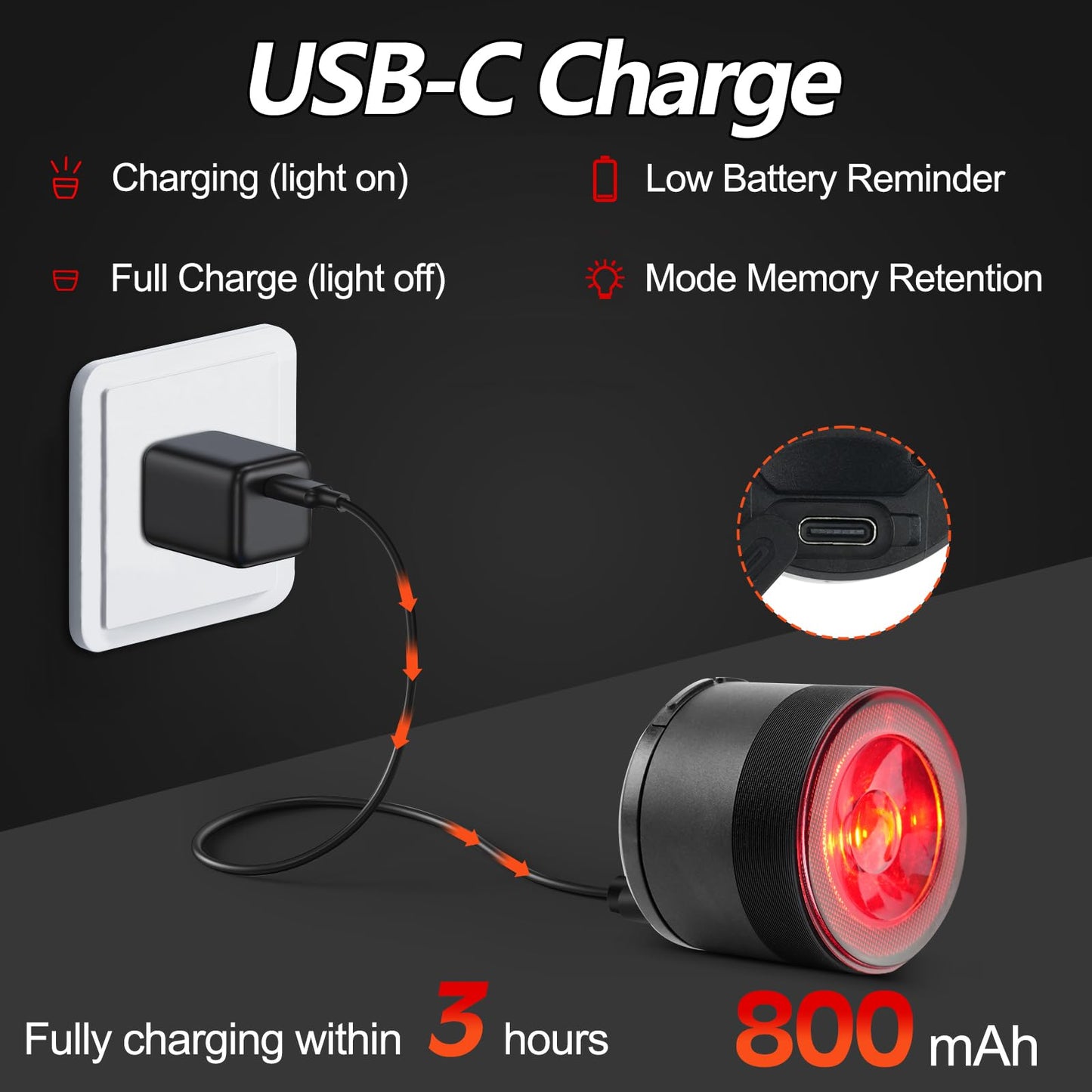 Cruxer Ultra Bright Bike Tail Light 200 Lumen Compact Bicycle Rear Light, USB-C Rechargeable, Smart Brake Sensing up to 300 Lumen, 8 Light Intensity Levels, 4 Lighting Modes, IP66 Waterproof