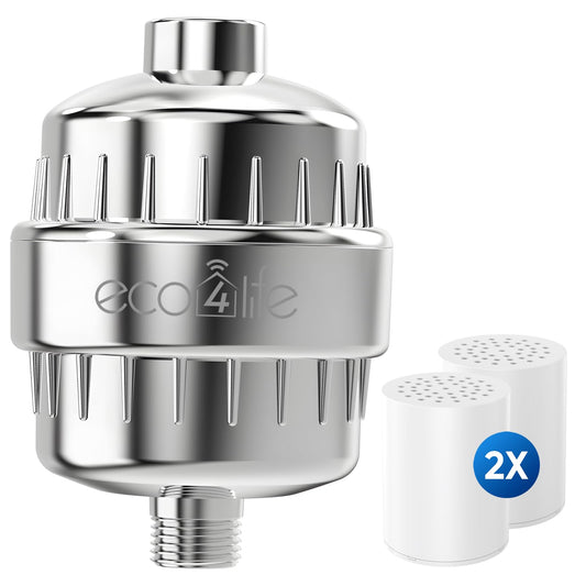 eco4life Shower Filter - 25 Stage Shower Head Filter for Hard Water, Removes 99% of Chlorine & Heavy Metal, Improves Skin & Hair, Built-In Turbine Fan, Fits Most Bathroom, Bathtub Showers (2 Filters)