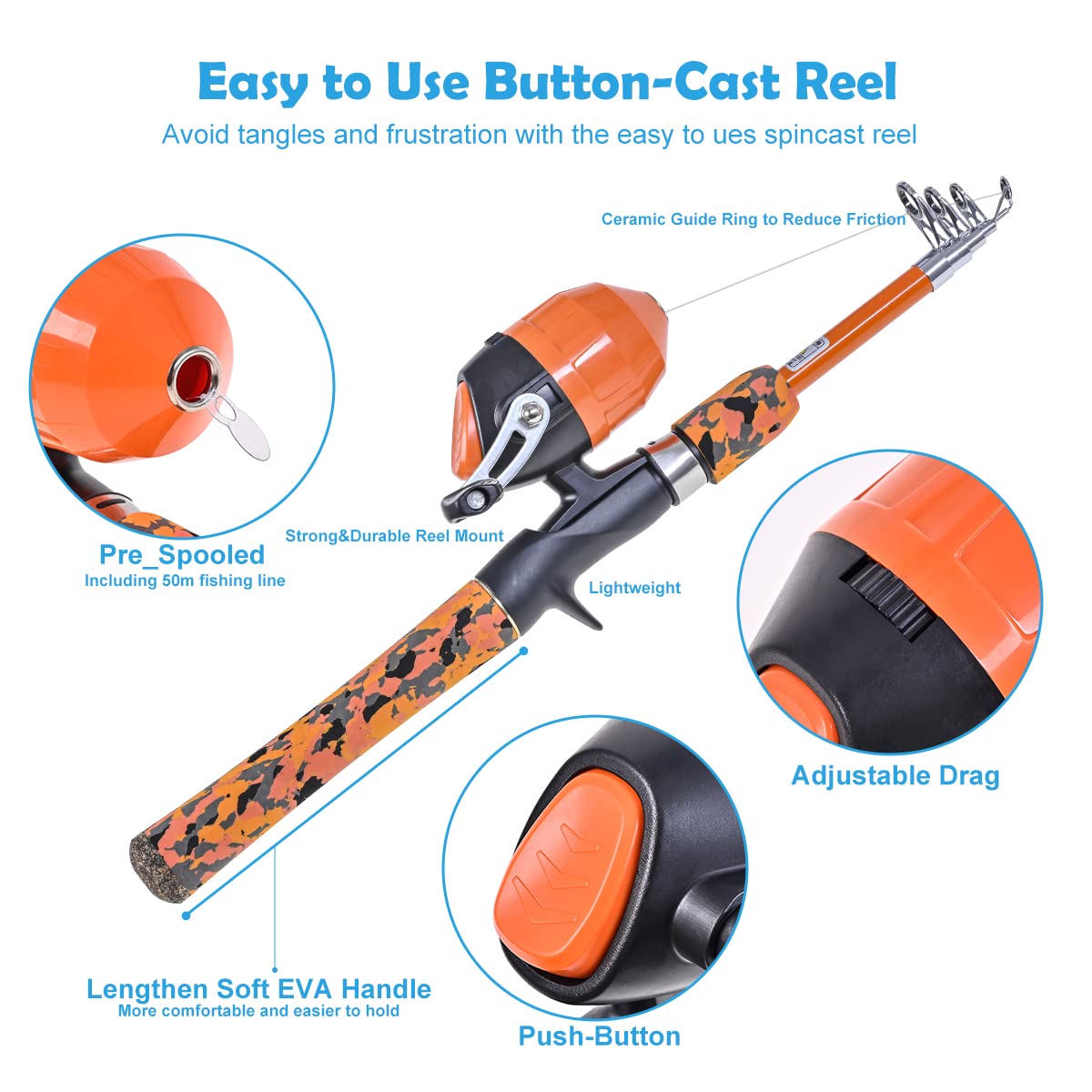 LEOFISHING Kids Fishing Pole Set with Full Starter Kits Portable Telescopic Fishing Rod and Spincast Reel with a Fishing Net and Bucket for Boys Girls and Youth (Orange)