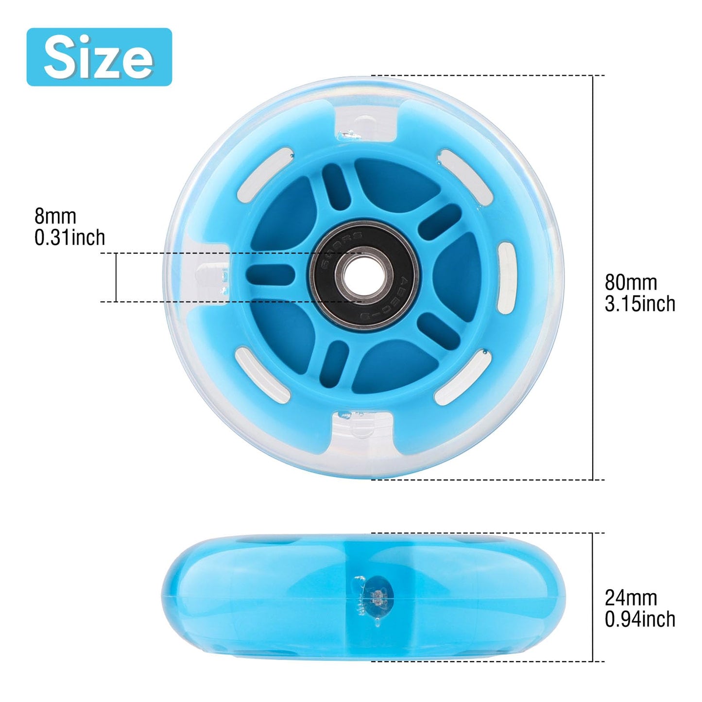 Wheelgoo 8pcs Inline Skate Wheels Led Light-Up Wheels 64/70/72/76/80mm w/Bushings 85-88A for Kids and Youth Beginners Children's Inline Skates Indoor/Outdoor Use (Blue, 80mm)