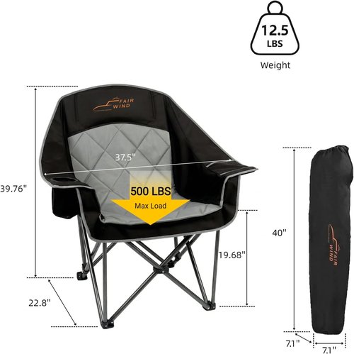 Fair Wind Oversized Padded Camping Chair - Heavy Duty Quad Fold Arm Chair, Supports 500LBS, Black - 2 Pack