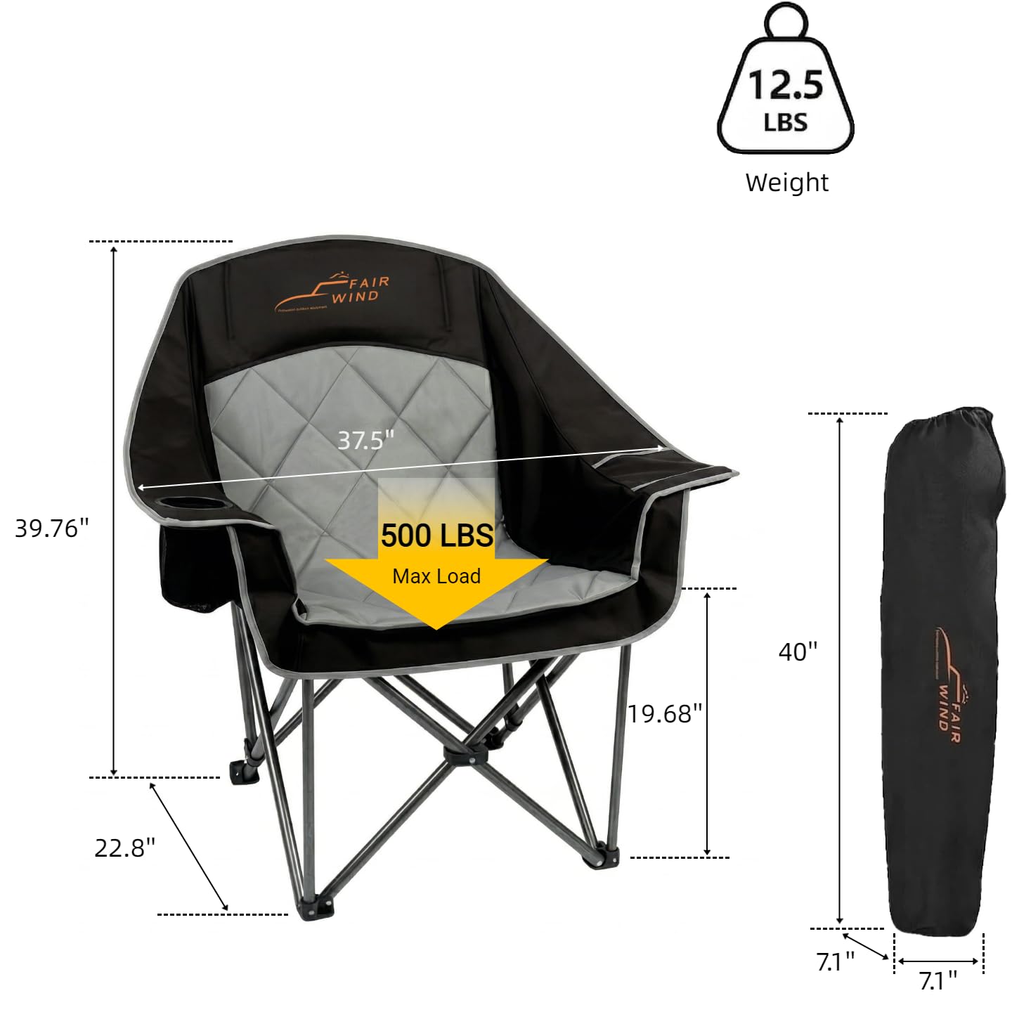 FAIR WIND Oversized Padded Camping Chair Heavy Duty Quad Fold Arm Chair Portable for Outdoor - Support 500LBS, Black