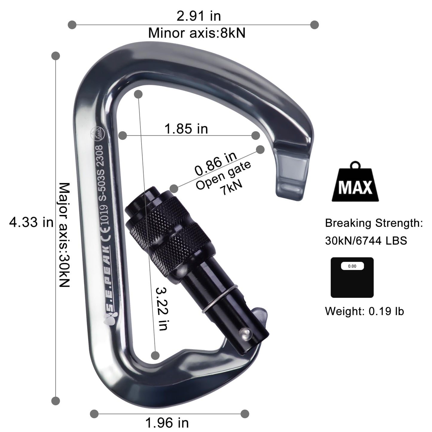 SEPEAK UIAA CE 30kN Locking Climbing Carabiner, Professional Heavy Duty Screwgate Clip for Outdoor Climbing, Mountaineering, Rappelling, Camping, Hiking, Swing, Large D Carabiner Hook/6744lb,2pc,Black