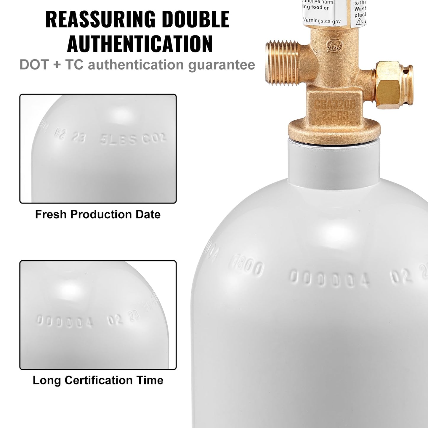 VEVOR CO2 Tank, 5 lbs New Aluminum Alloy Cylinder, CO2 Air Tank with Light Gray Spray Coating, CGA320 Valve & Adjustable Pressure, DOT Approved Cylinder for Draft Beer Dispensing and Soda Maker