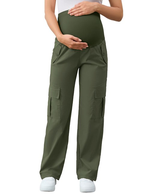 AMPOSH Women's Maternity Cargo Pants with 6 Pockets Quick-Dry Pregnancy Hiking Pants(Olive, L)