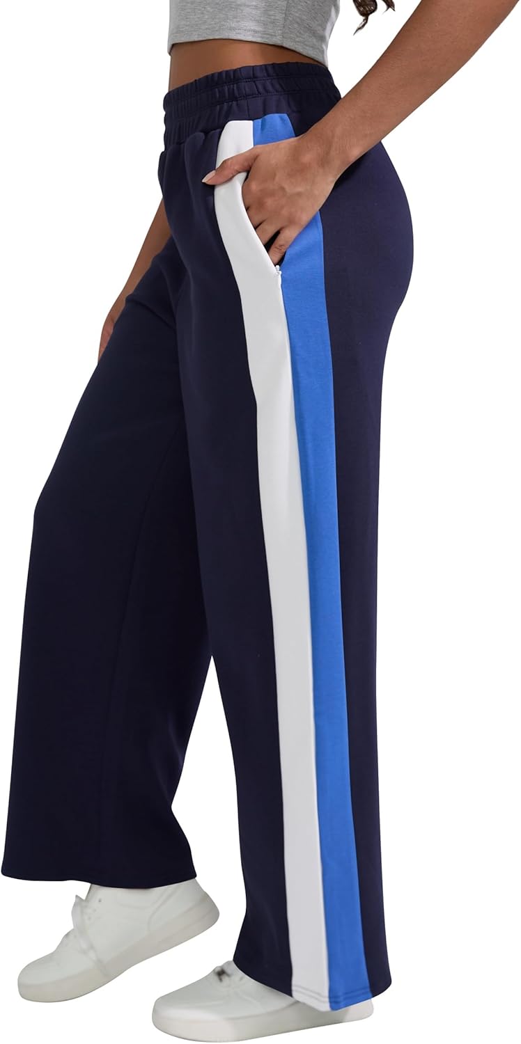 Skiennix Women's Wide Leg Sweatpants - High Waisted Baggy Fit with Pockets | Cotton Side Striped Design