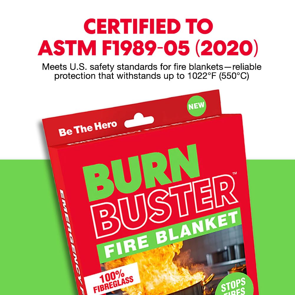 BURNBUSTER Emergency Fire Blanket - ASTM Certified Fire Suppression Blanket for Home, Kitchen, Grill, Camping, Car & More - 40" x 40" Flame Retardant Fabric, No Mess, Easy Deployment