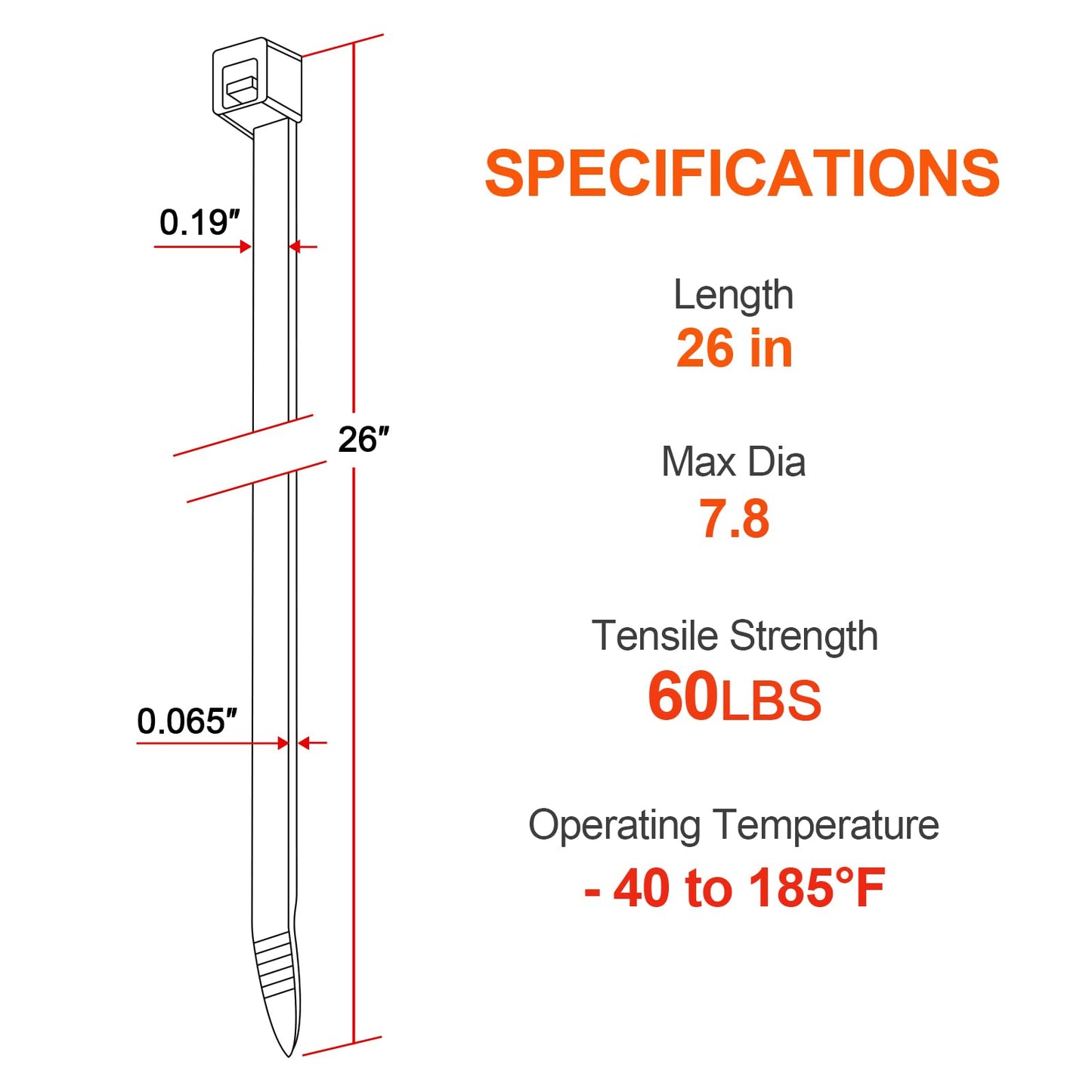 26 Inch White Long Zip Ties,60 LBS Tensile Strength Heavy Duty Large Cable Wire Ties With Self-Locking Adjustable More Durable Nylon Tie Wraps for Indoor Outdoor（100 Pack）