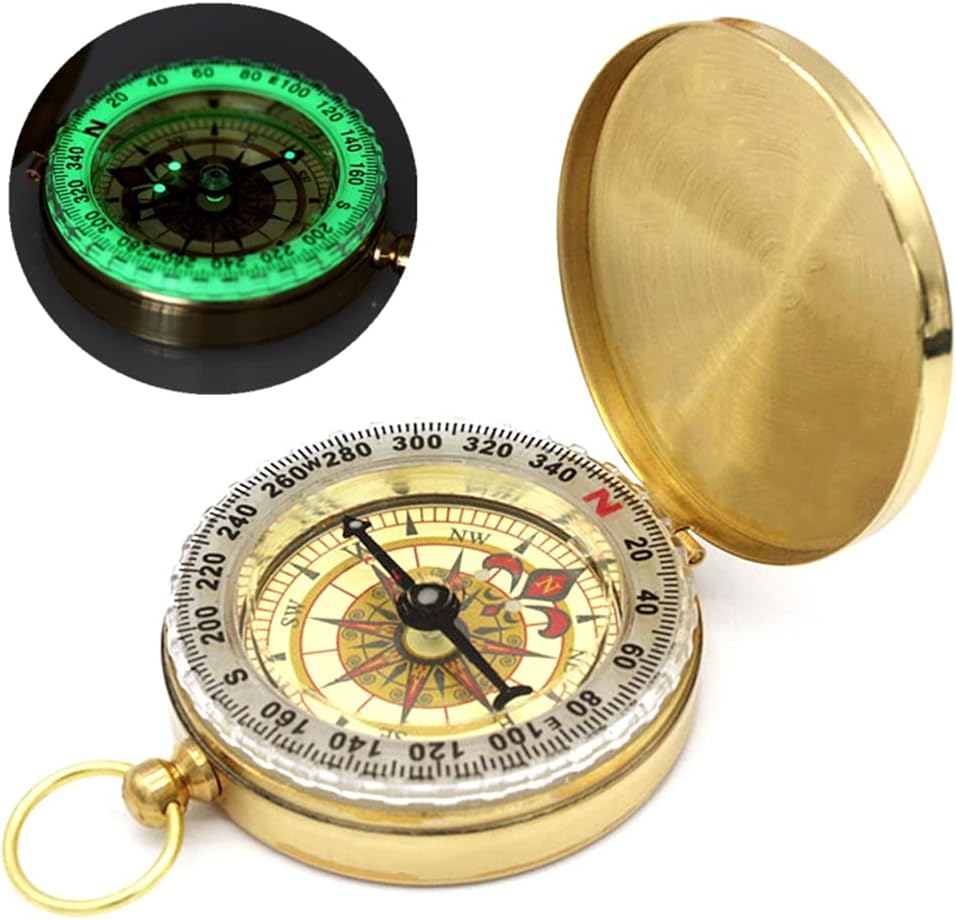 Skiennix Camping Survival Compass - Glow in The Dark Waterproof Vintage Metal | Small Golden Pocket Compass for Kids