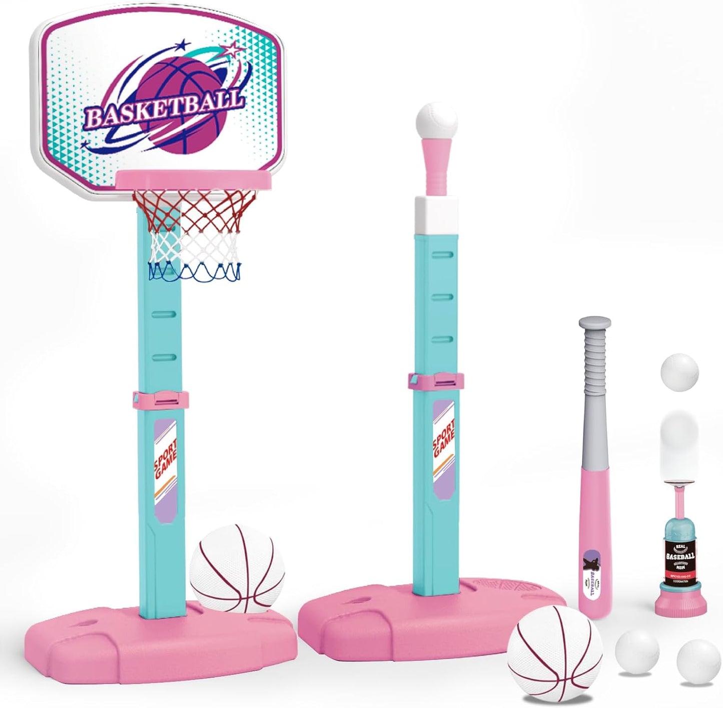 Skiennix 3-in-1 Basketball Hoop & Tee Ball Set - Adjustable Height, Automatic Pitching Machine | Pink, Indoor/Outdoor Sports Toy for Kids Ages 1-8