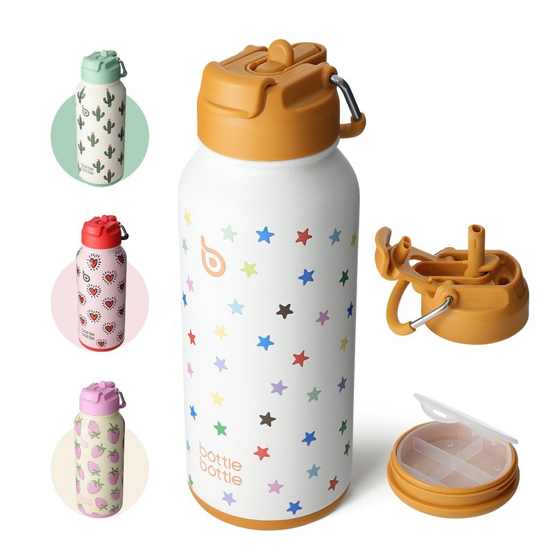BOTTLE BOTTLE 32oz Insulated Water Bottle Stainless Steel Sport Water Bottle with Straw Dual-use Lid Design for Gym with Pill Box (Stellar Pop)