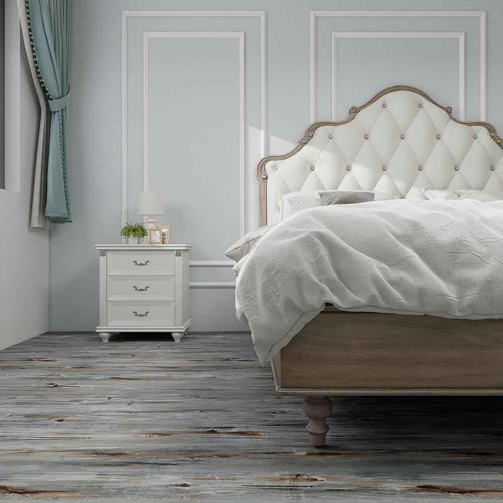 auxua Wood Grain Peel and Stick Floor Tiles – 11.8” Width, Full Roll Length of 118" – Versatile Design for Any Space, Sunwashed Blue Self Adhesive Vinyl Flooring, Waterproof and Non-Slip Features