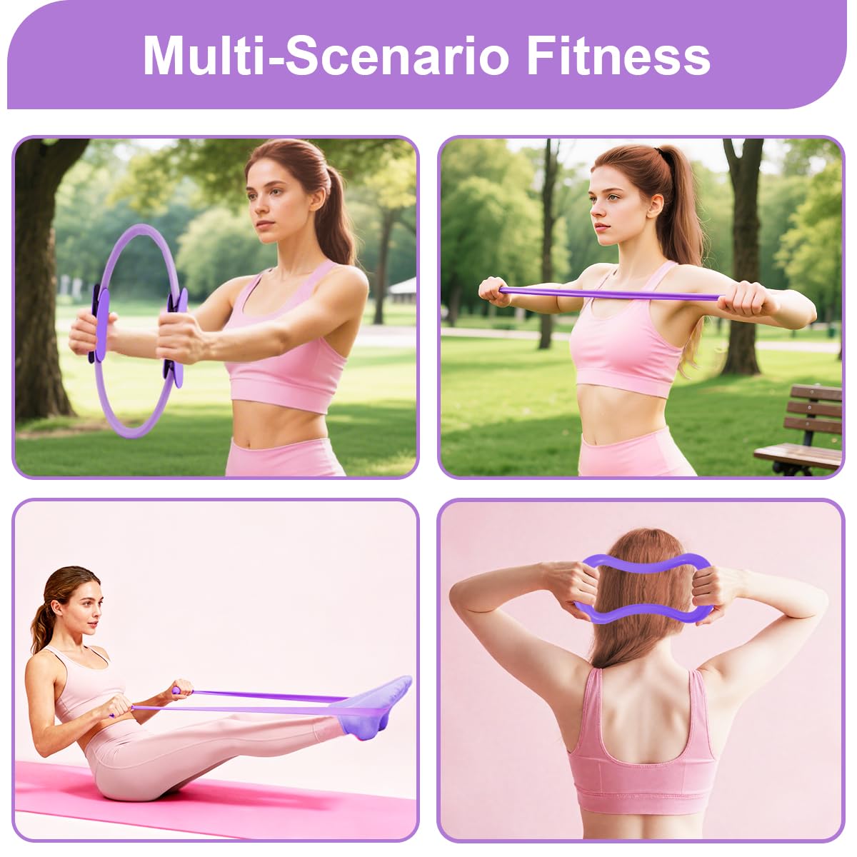 CoreHarmony Pilates Essentials Kit for Women, Home Pilates Kit with 12.9" Ring and 9.8" Mini Ball, 4 Fabric Loop Bands, Figure-8 Band, Stretch Strap, Jump Rope, Carry Bag (Purple Thread)