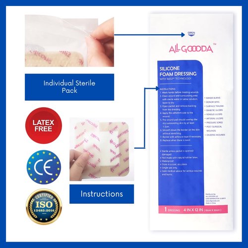 ALL GOOODA Silicone Foam Dressing 4”x12”[3 Pack] Post-Op Gentle Adhesive Border for Surgical Wound Care, Incision, Sacrum, Pressure Sore, Diabetic Ulcer, Extra Long Large Wound Bandage