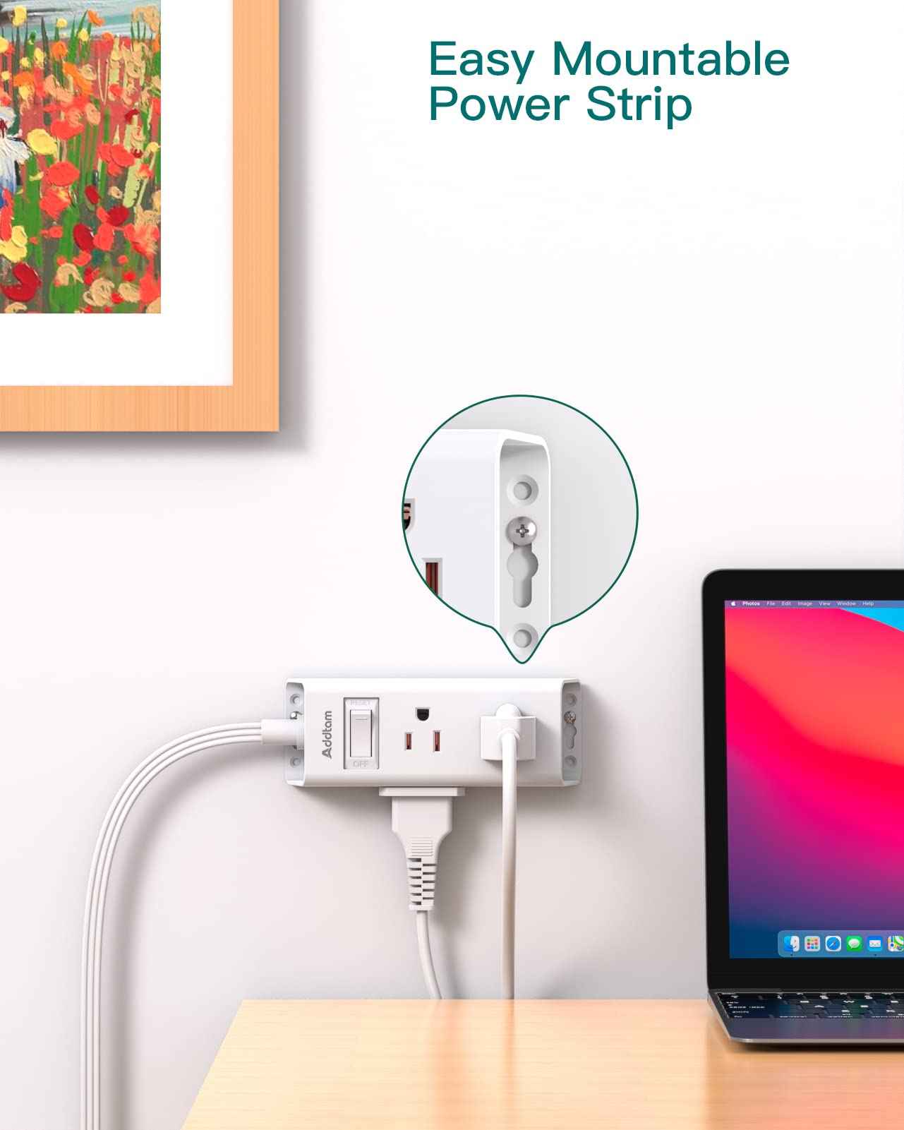 Flat Plug Power Strip, Addtam Ultra Flat Extension Cord with 6 Outlets Extender, No Surge Protector for Cruise Ship, Travel, Dorm, Home Office,2 Pack