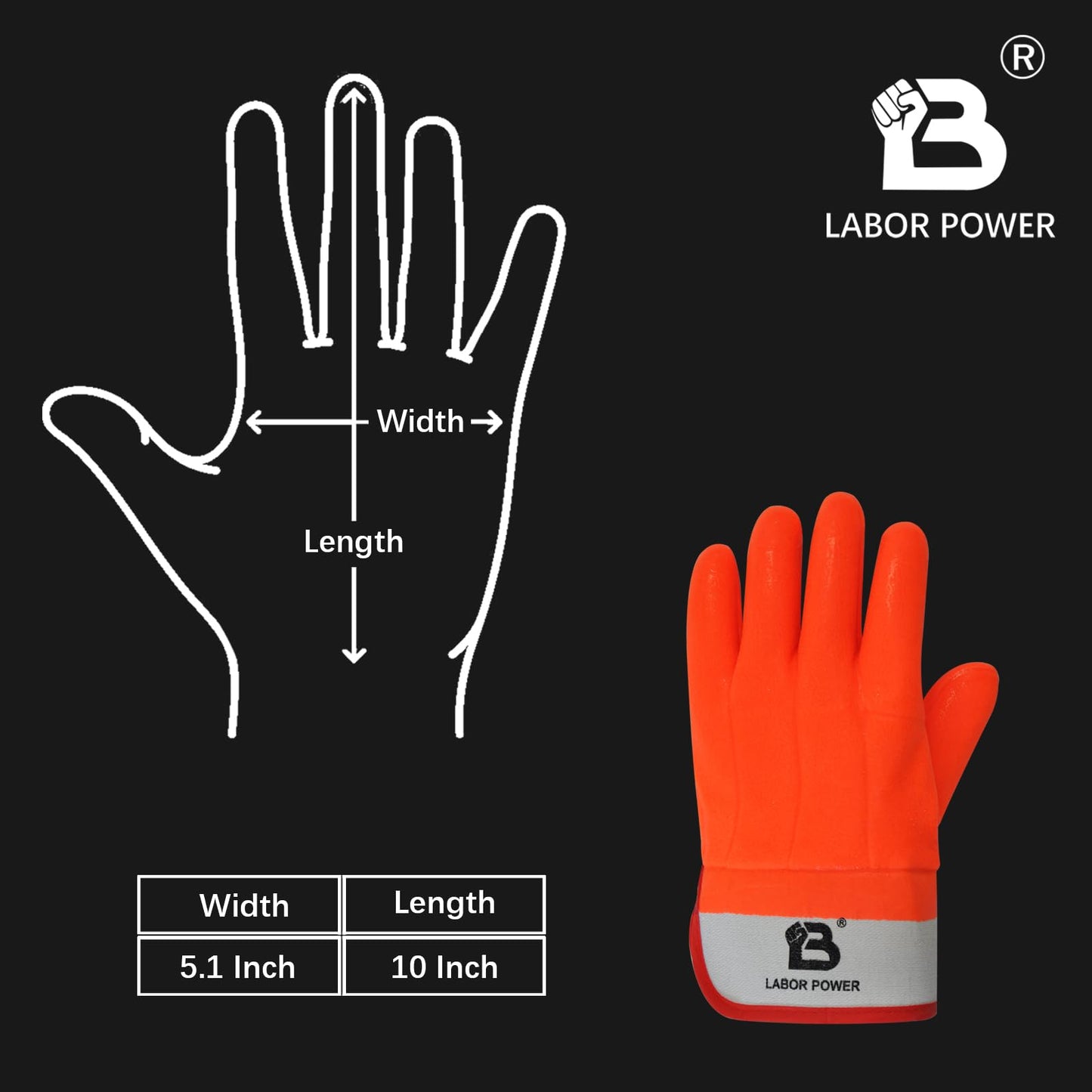 LABOR POWER PVC Foam Lined Gloves for Men Waterproof Work Gloves with Rubberized Safety Cuff, Sandy Finish (Orange 1 Pairs)