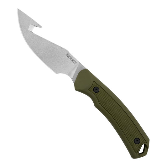 Kershaw Deschutes Skinner Gut Hook Fixed Blade Knife, Olive Design, 3.9 Inch Steel Fixed Drop Point Blade with Gut Hook, Full Tang Design, EDC, Molded Sheath, Everyday Carry Knife for Men and Women