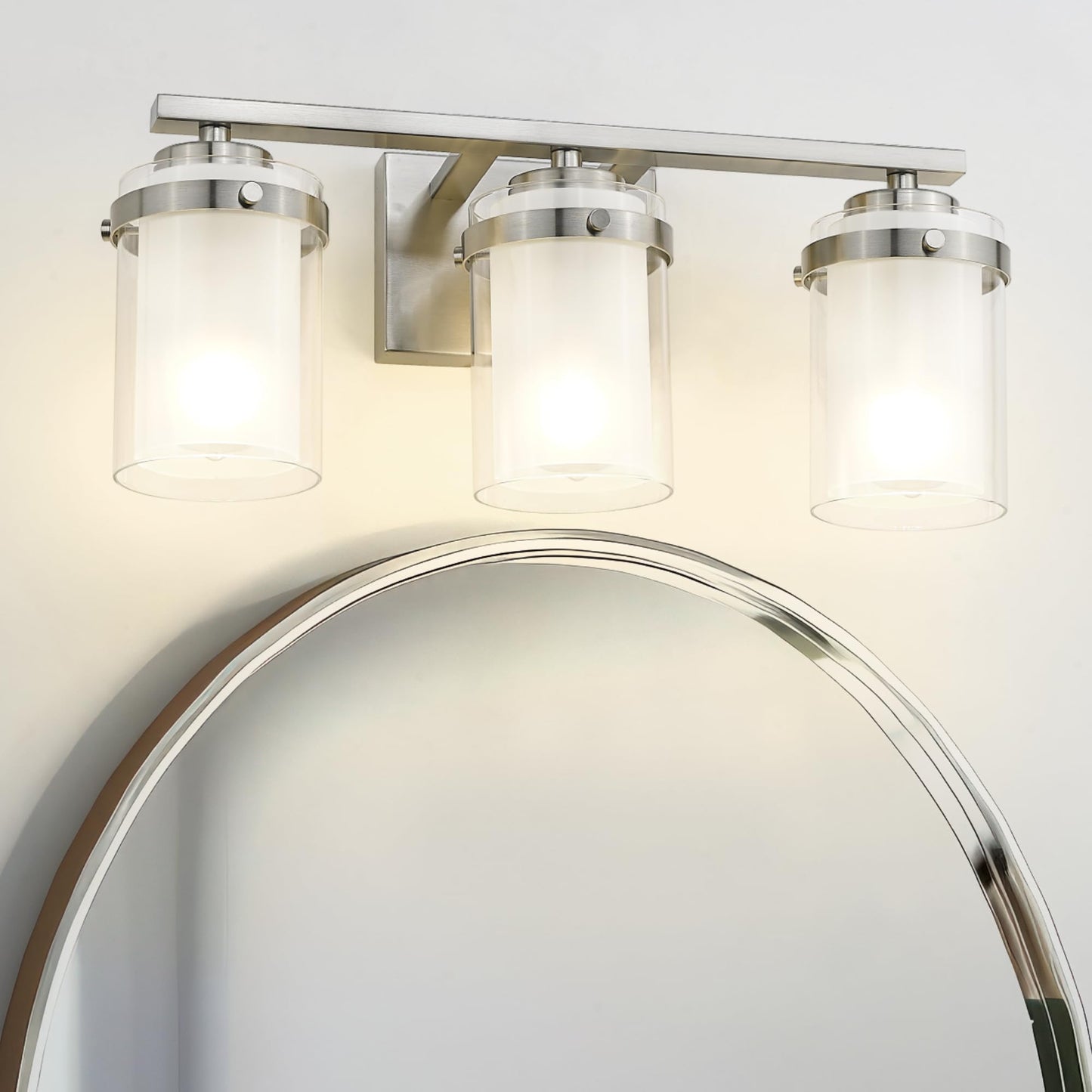 kudos 3-Light 18-inch Bathroom Light Fixtures Over Mirror, Brushed Nickel Vanity Lights with Dual Glass Shade, Wall Sconce, Modern Vanity Lights for Bathroom, Hallway, KDVL15-BN-3